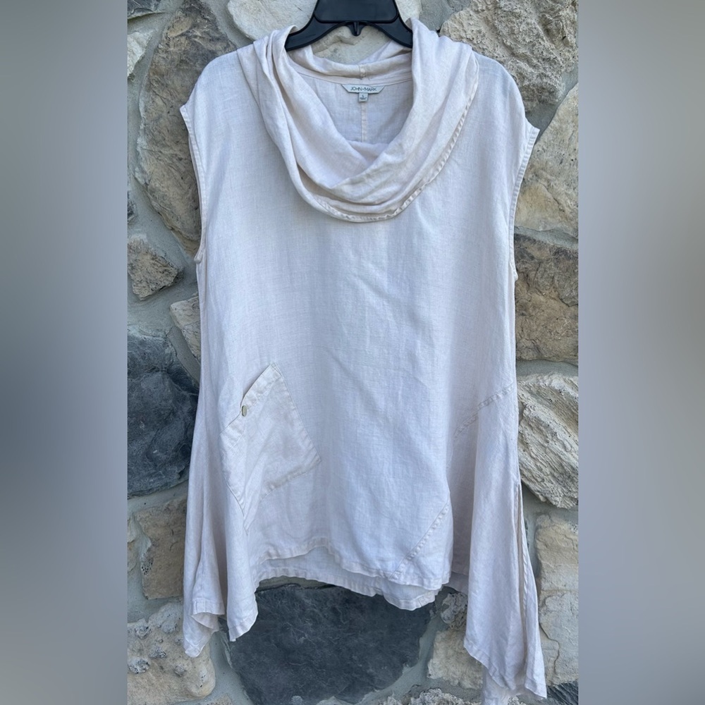 John Mark Cream Sleeveless Cowl Neck Linen Blend Tunic